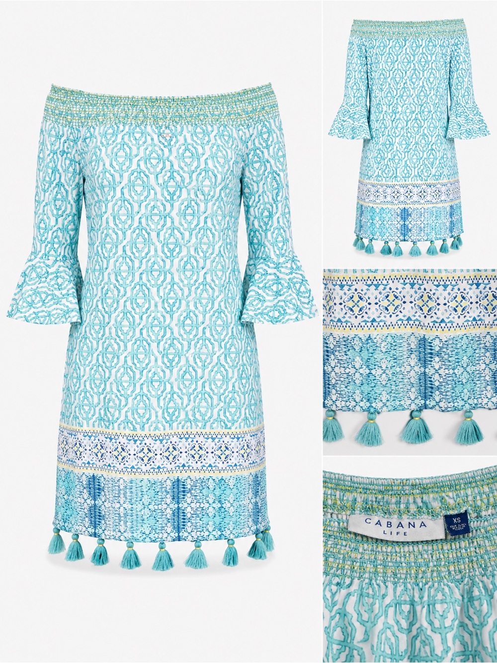 Cabana Life Aqua Tassel Off Shoulder Bell Sleeve Dress XS Beach Coverup
